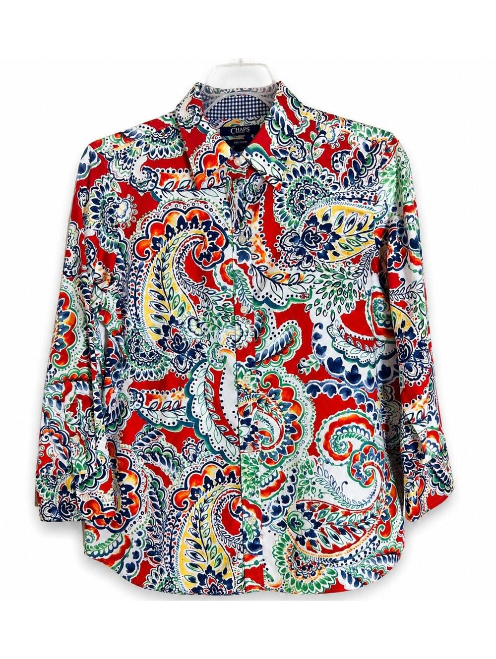 Chaps Womens Multicolored Paisley Button Front Check Print Roll Tab Sleeve Top M